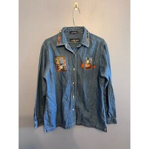 Women's Luna Pier Denim Button Down Fall Halloween Scarecrow SZ Med Cute Classic